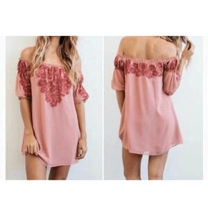 For Love And Lemons - Off The Shoulder Pink Embroidered Dress - Size S